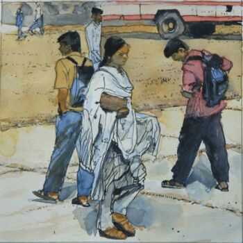 Pintura intitulada "Voyageurs en gare r…" por Gérard Valluet, Obras de arte originais, Aquarela