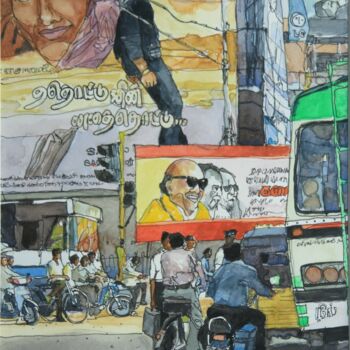 Pintura titulada "Soir à Mysore" por Gérard Valluet, Obra de arte original, Acuarela