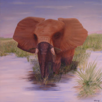 Painting titled "Eléphant au bain" by Gerard Dugardin, Original Artwork