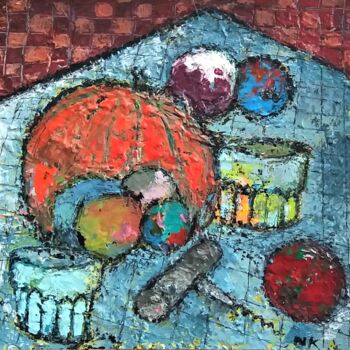 Painting titled "VERRES ET CITROUILLE" by Germain Henneka, Original Artwork, Acrylic Mounted on Cardboard