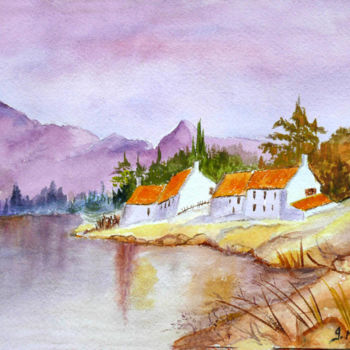 Painting titled "Les bords du lac" by Germaine Mauclere, Original Artwork, Watercolor Mounted on Other rigid panel
