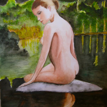 Peinture intitulée "nue-sur-le-rocher.j…" par Germaine Mauclere, Œuvre d'art originale