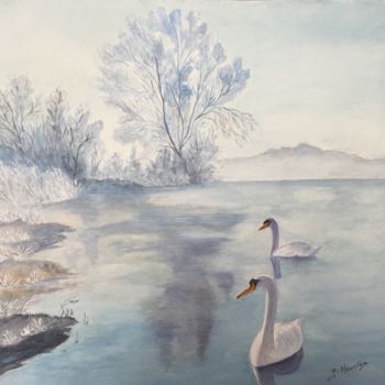 Painting titled "Les cygnes" by Germaine Mauclere, Original Artwork, Watercolor