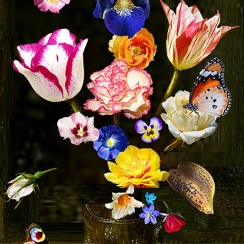 Digital Arts titled "A BOUQUET OF FLOWER…" by Gerry Chapleski, Original Artwork, Digital Collage Mounted on Wood Stretcher f…