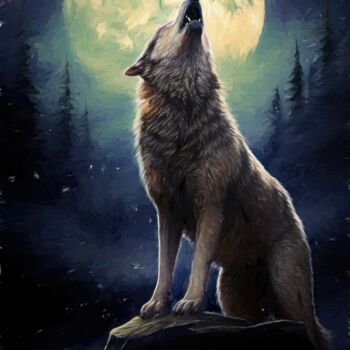 Arte digital titulada "Wolf Howling At The…" por Gerry Martinez, Obra de arte original, Pintura Digital