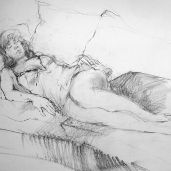 Zeichnungen mit dem Titel "On the couch, far a…" von Gerry Miller, Original-Kunstwerk, Conté-Buntstifte