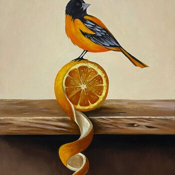Painting titled "Citrus Songbird" by Gevorg Sinanyan, Original Artwork, Oil Mounted on Wood Stretcher frame