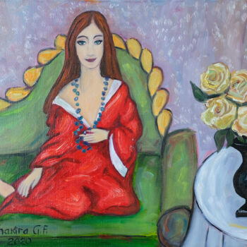 Painting titled "Девушка с розами" by Gf Shakira, Original Artwork, Oil