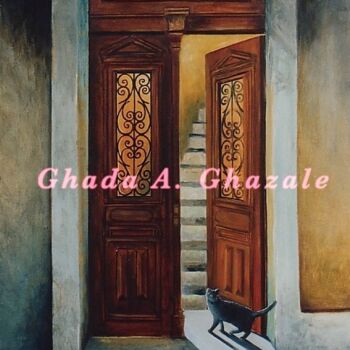 Painting titled ""Chat a la Porte"" by Ghada A. Ghazale, Original Artwork, Oil