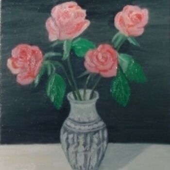 Malarstwo zatytułowany „Roses in a metal va…” autorstwa Ghassan Rached, Oryginalna praca, Olej