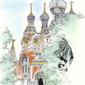 Disegno intitolato "Nice Eglise russe" da Ghislaine Driutti, Opera d'arte originale
