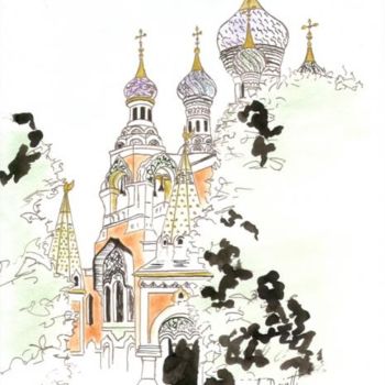 Drawing titled "Nice Eglise russe 2" by Ghislaine Driutti, Original Artwork