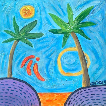 Painting titled "Grooving Palm Trees" by Patrick Gheysen, Original Artwork, Oil