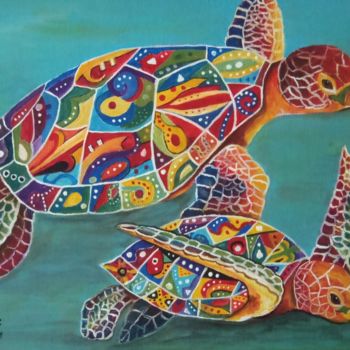 Painting titled "Pop Art Turtles" by Ghislaine, Original Artwork, Acrylic