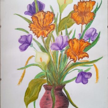 Drawing titled "LE BOUQUET" by Ghislaine Chedebois (Gimar), Original Artwork, Watercolor Mounted on Cardboard