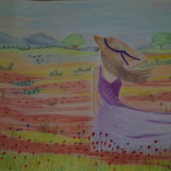 Dessin intitulée "Jeune fille aux coq…" par Ghislaine Chedebois (Gimar), Œuvre d'art originale, Crayon