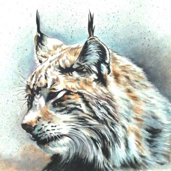 Painting titled "A l'écoute- Lynx bo…" by Ghislaine Letourneur, Original Artwork, Gouache Mounted on Cardboard