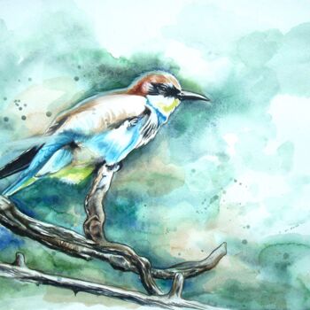 Painting titled "Repu sur ma branche…" by Ghislaine Letourneur, Original Artwork, Watercolor Mounted on Cardboard