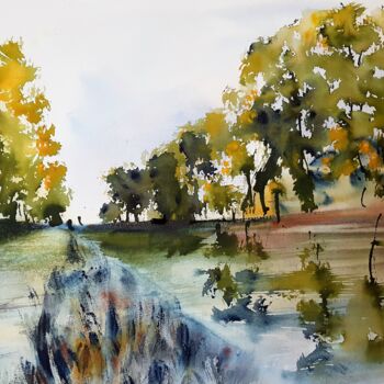 Malerei mit dem Titel "Le long du canal" von Ghislaine Rimmen-Mohl, Original-Kunstwerk, Aquarell