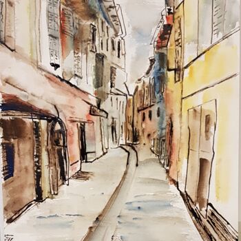 Painting titled "rue de Sospel" by Ghislaine Rimmen-Mohl, Original Artwork, Watercolor