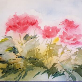 Painting titled "Fleurs roses" by Ghislaine Rimmen-Mohl, Original Artwork, Watercolor