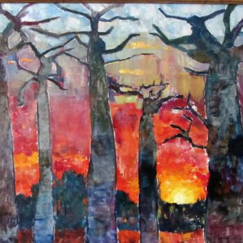 Painting titled "baobabs au coucher…" by Ghislaine Rimmen-Mohl, Original Artwork, Oil Mounted on Cardboard