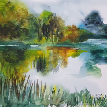 Peinture intitulée "au bord de l'étang" par Ghislaine Rimmen-Mohl, Œuvre d'art originale, Aquarelle