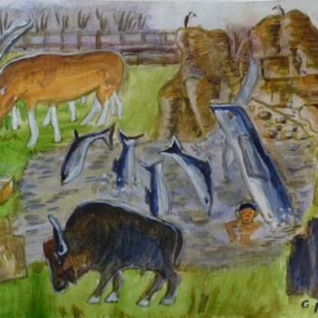 Peinture intitulée "au zoo" par Gérard Husta, Œuvre d'art originale