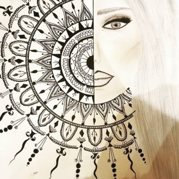 Drawing titled "Half-Mandala, Half-…" by Ghyzlane El, Original Artwork, Ink Mounted on Cardboard