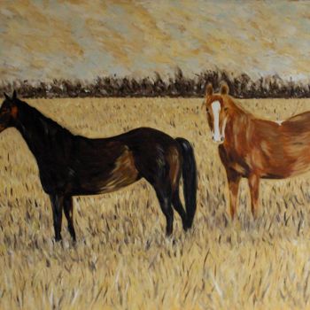 Pittura intitolato "cavalli-nella-prate…" da Giancarlo Di Battista, Opera d'arte originale