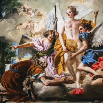 Malerei mit dem Titel "Les trois anges app…" von Giandomenico Tiepolo, Original-Kunstwerk, Öl
