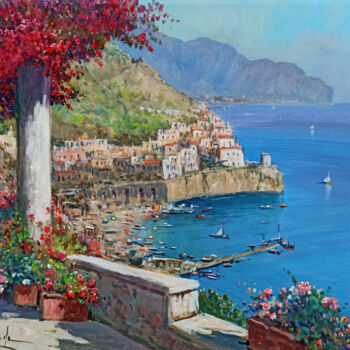 Painting titled "Amalfi flowers in s…" by Gianni Di Guida, Original Artwork, Oil Mounted on Wood Stretcher frame