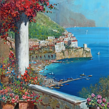 Painting titled "Flowers in Amalfi s…" by Gianni Di Guida, Original Artwork, Oil Mounted on Wood Stretcher frame