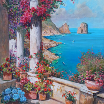Painting titled "Capri terrace with…" by Gianni Di Guida, Original Artwork, Oil Mounted on Wood Stretcher frame
