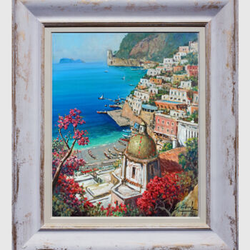 Painting titled "Window on Positano…" by Gianni Di Guida, Original Artwork, Oil Mounted on Wood Stretcher frame