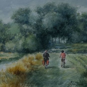 Painting titled ""In bicicletta"" by Gianni Pedrazzi, Original Artwork, Watercolor