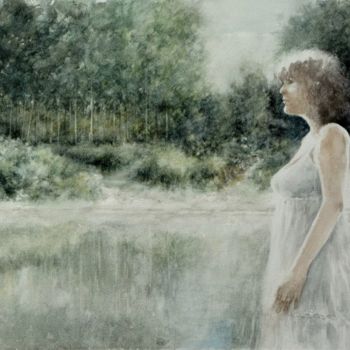Pittura intitolato ""la donna del fiume"" da Gianni Pedrazzi, Opera d'arte originale, Acquarello