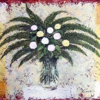 Painting titled "Ferns,roses" by Gia Revazi, Original Artwork, Oil Mounted on Wood Stretcher frame