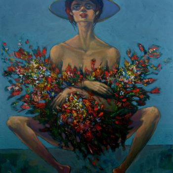 Pintura intitulada "Flowers in Blue" por George Rurua, Obras de arte originais, Acrílico