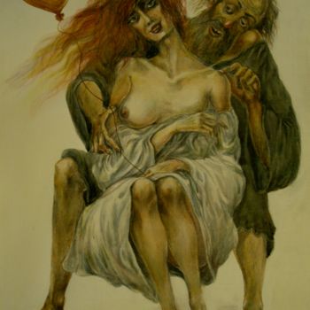 Peinture intitulée "A Monk and a Girl" par George Rurua, Œuvre d'art originale, Aquarelle