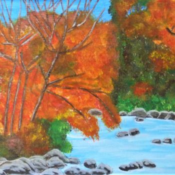 Painting titled "automne au bord de…" by Gilbert Devesa, Original Artwork, Acrylic Mounted on Wood Stretcher frame