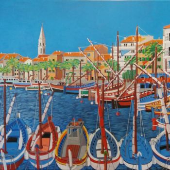 Painting titled "la voile rouge" by Gilbert Devesa, Original Artwork, Acrylic Mounted on Wood Stretcher frame