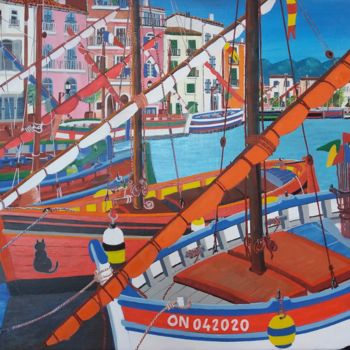 Painting titled "la voile orange" by Gilbert Devesa, Original Artwork, Acrylic Mounted on Wood Stretcher frame