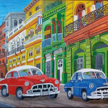 Malarstwo zatytułowany „carrera de taxis” autorstwa Gilbert Devesa, Oryginalna praca, Akryl Zamontowany na Drewniana rama no…