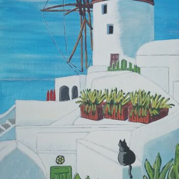 Painting titled "a Santorin le chat…" by Gilbert Devesa, Original Artwork, Acrylic