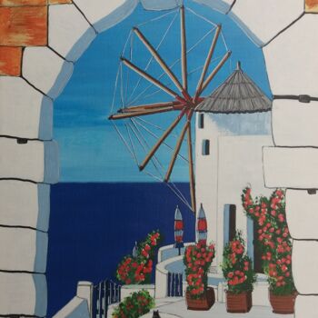 Peinture intitulée "moulin de santorin" par Gilbert Devesa, Œuvre d'art originale, Acrylique