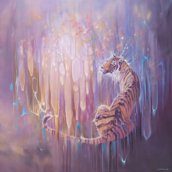 Schilderij getiteld "Tiger in the Ether" door Gill Bustamante, Origineel Kunstwerk, Olie Gemonteerd op Frame voor houten bra…