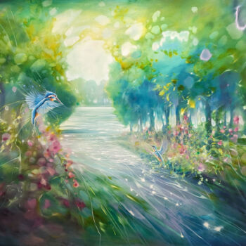 Картина под названием "The Kingfishers Eden" - Gill Bustamante, Подлинное произведение искусства, Масло Установлен на Деревя…