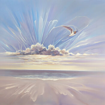 Painting titled "The First Swallow A…" by Gill Bustamante, Original Artwork, Oil Mounted on Wood Stretcher frame