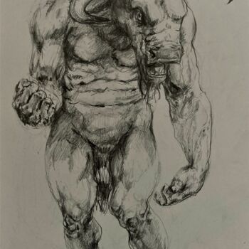 Tekening getiteld "Minotaurus 1" door Gilles Glaçon, Origineel Kunstwerk, Potlood